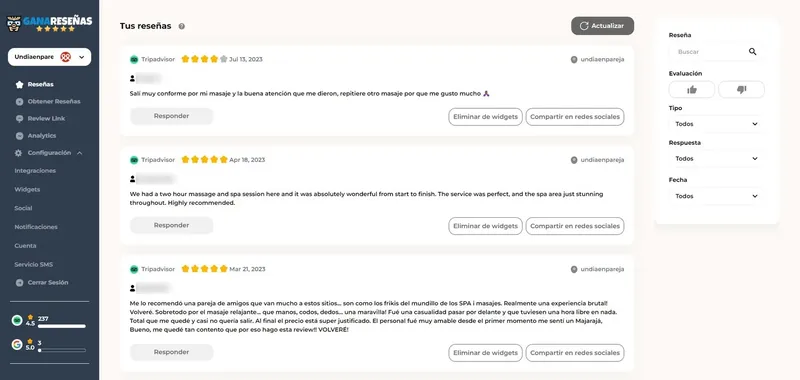 Captura del panel del equipo: listado de reseñas con estrellas, fecha y botón para responder
