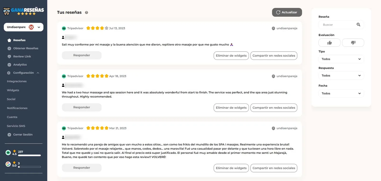 Captura del panel del equipo: listado de reseñas con estrellas, fecha y botón para responder