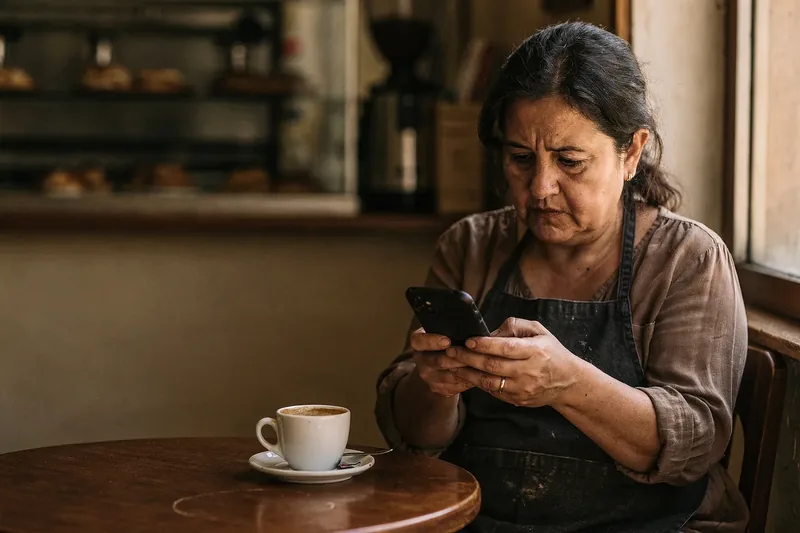 Dueña de una cafetería sentada a una mesa leyendo el móvil con gesto serio