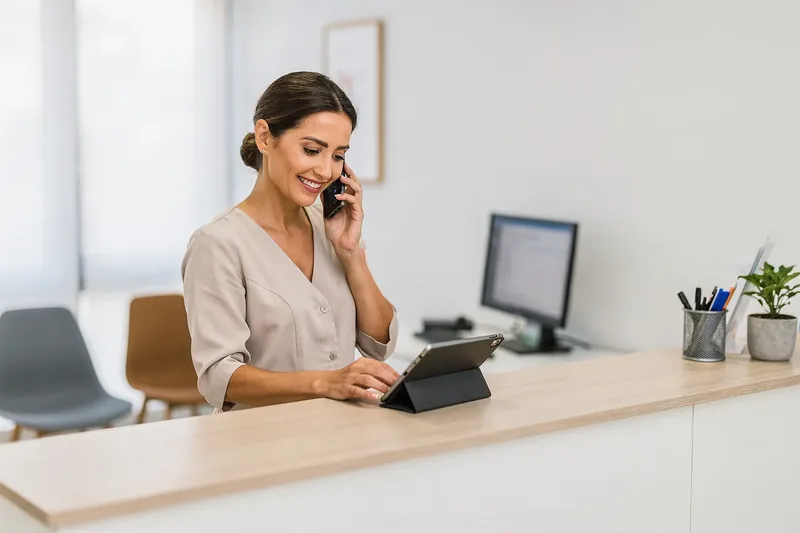 Recepcionista de una clínica hablando por teléfono con una tableta en la mano