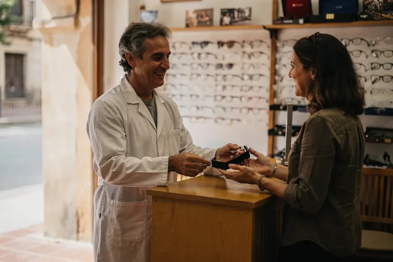 Óptico entregando una funda de gafas a una clienta en el mostrador de la óptica
