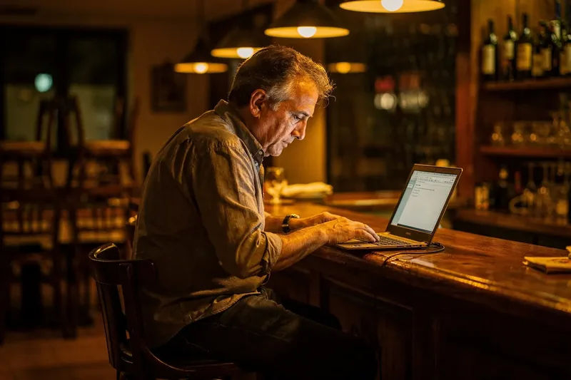 Dueño de un restaurante escribiendo en el portátil en la barra tras cerrar
